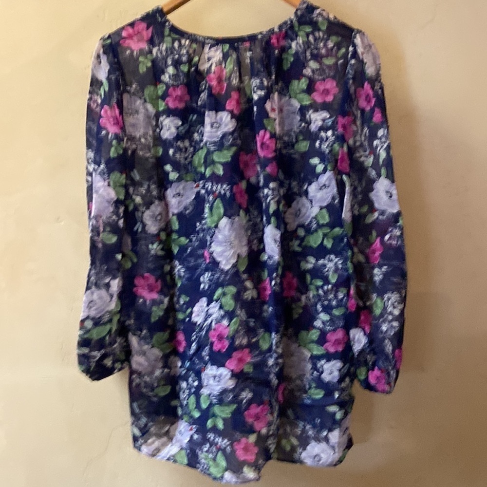 NWT Sz XS Joie Navy Fuchsia & Green Floral Print 100% Silk Gathered Neckline - Picture 5 of 6
